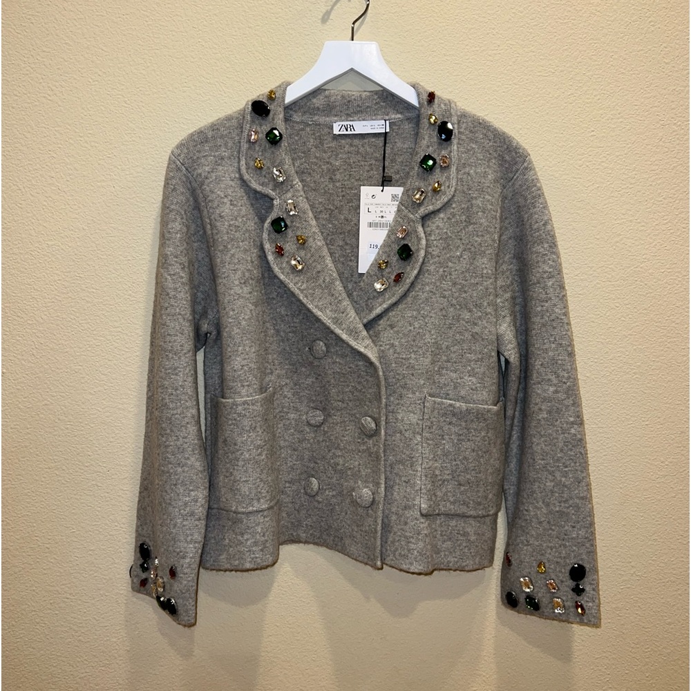 ZARA BEADED KNIT BLAZER GREY